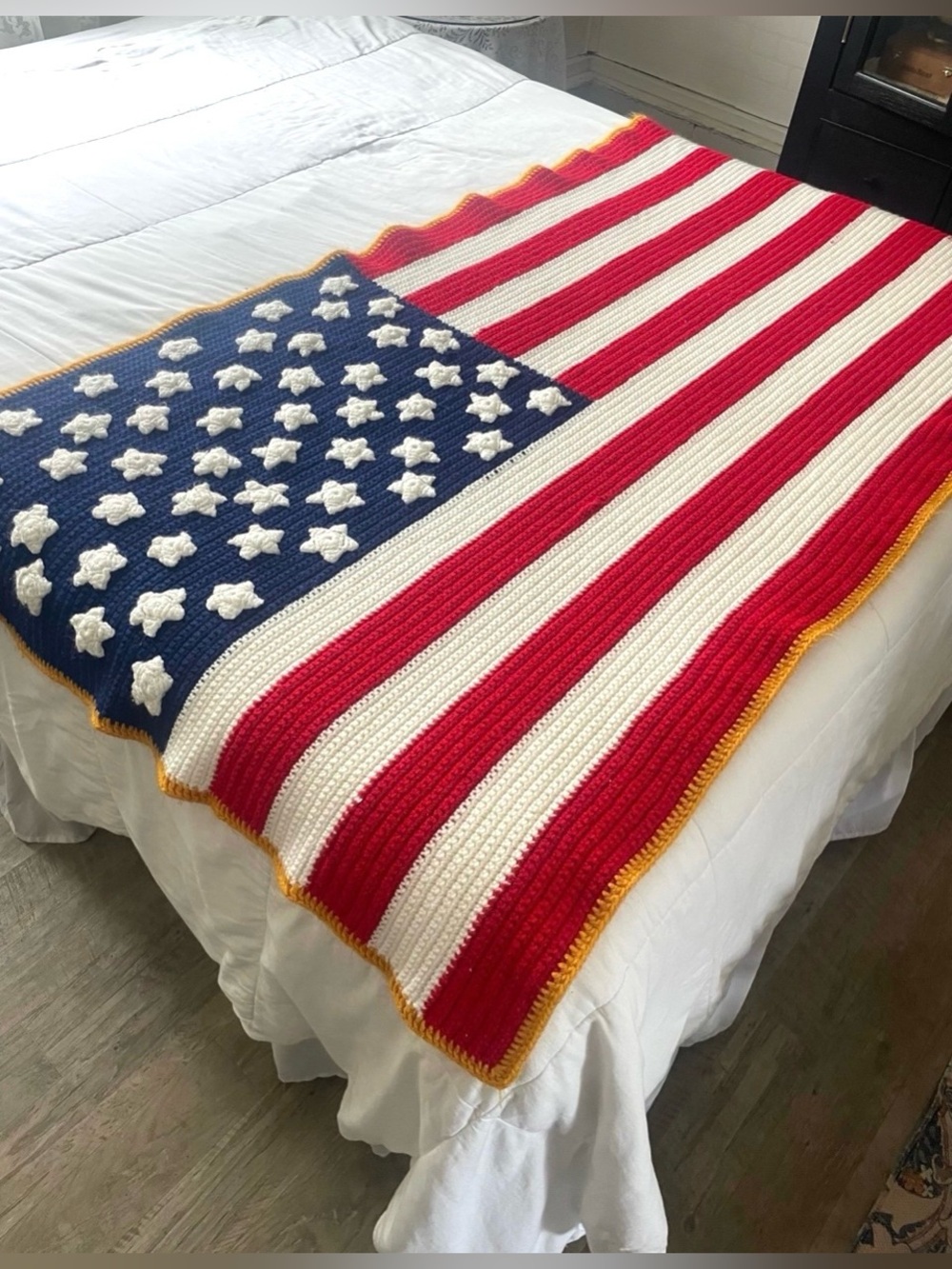 Afghan Throw American Flag Homemade Red White & Blue 50 Stars 34x60